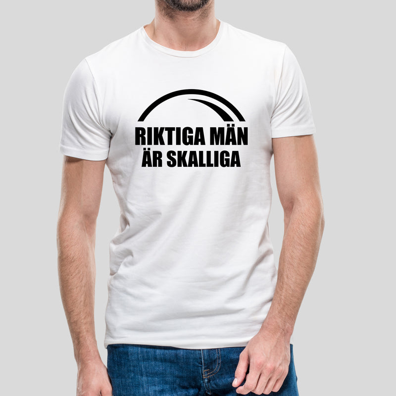 T-shirt med bild texten "Riktiga män är skalliga"