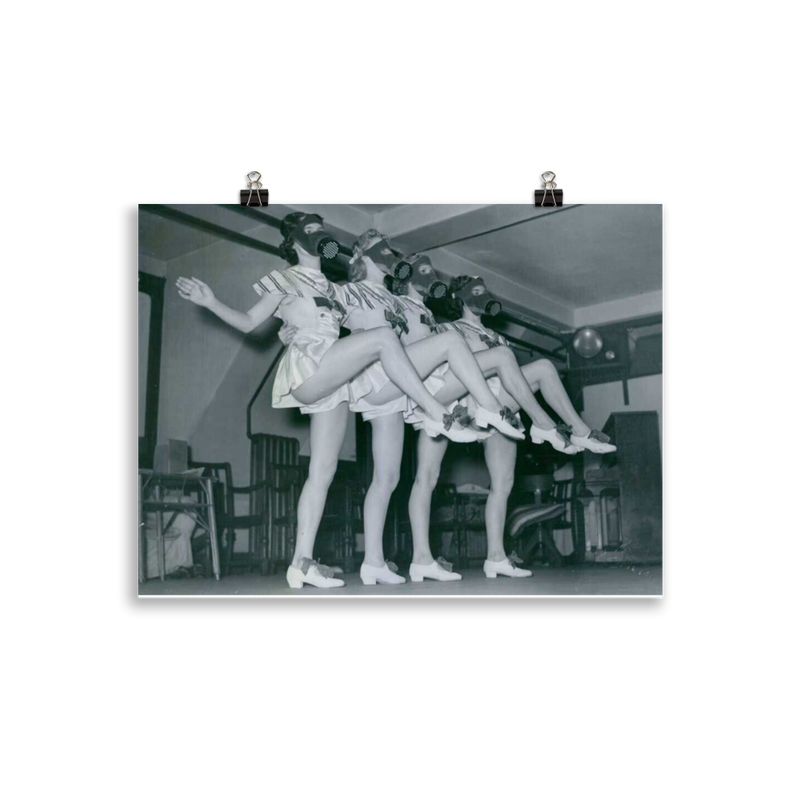 Re-print Dancers of a London ballet practicing their act wearing gas masks, 1940, cabaret