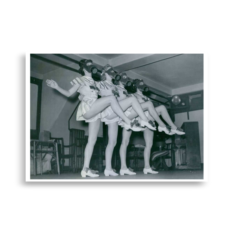 Re-print Dancers of a London ballet practicing their act wearing gas masks, 1940, cabaret