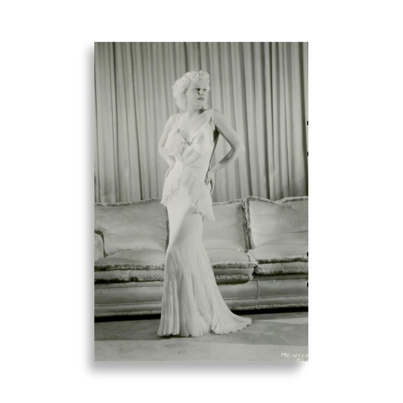 Re-print Actress Jean Harlow in a white evening dress of chiffon