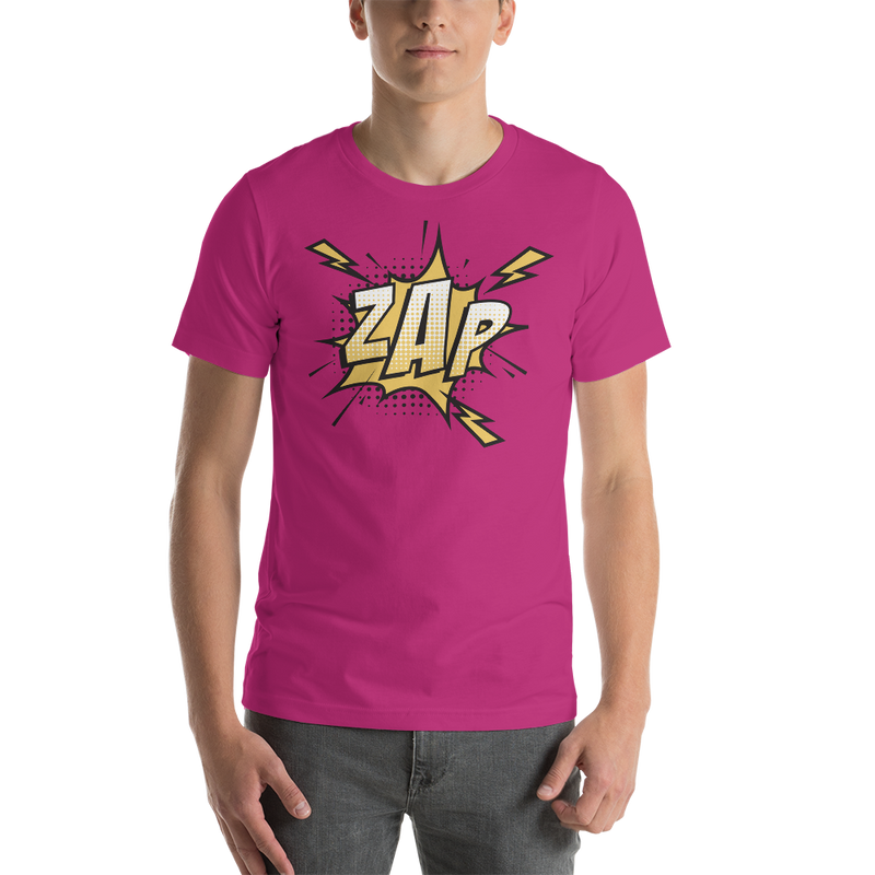 T-shirt med bild texten "ZAP"