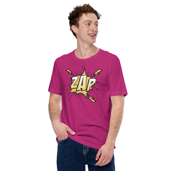 T-shirt med bild texten "ZAP"
