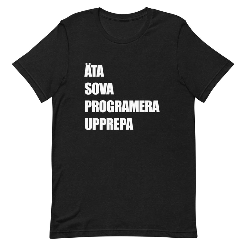 T-shirt med bild texten "ÄTA SOVA PROGRAMERA UPPREPA"