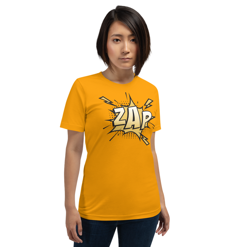 T-shirt med bild texten "ZAP"