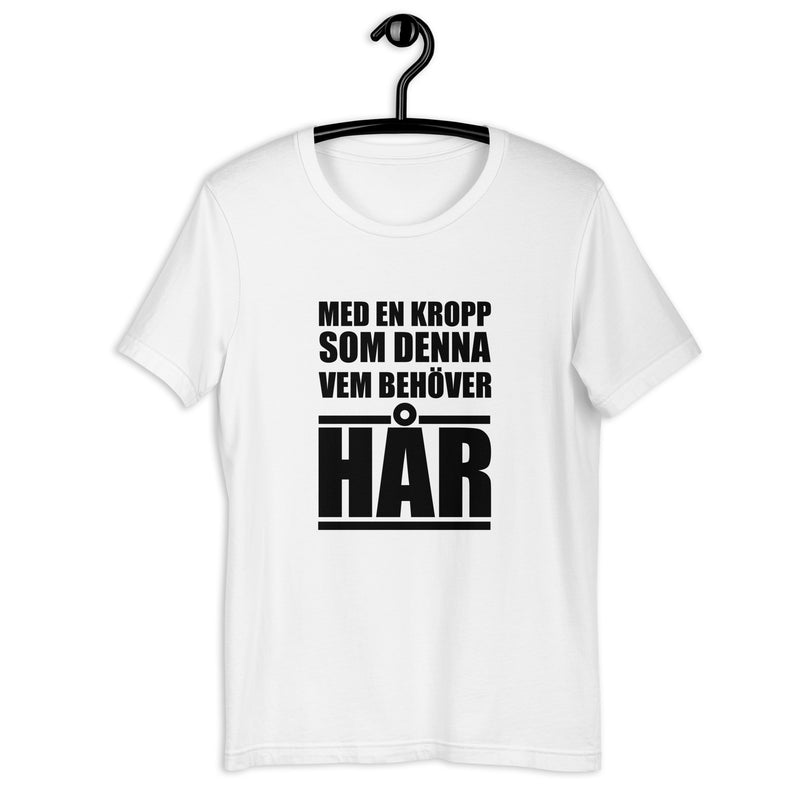 T-shirt med texten "Med en kropp som denna, vem behöver hår?"